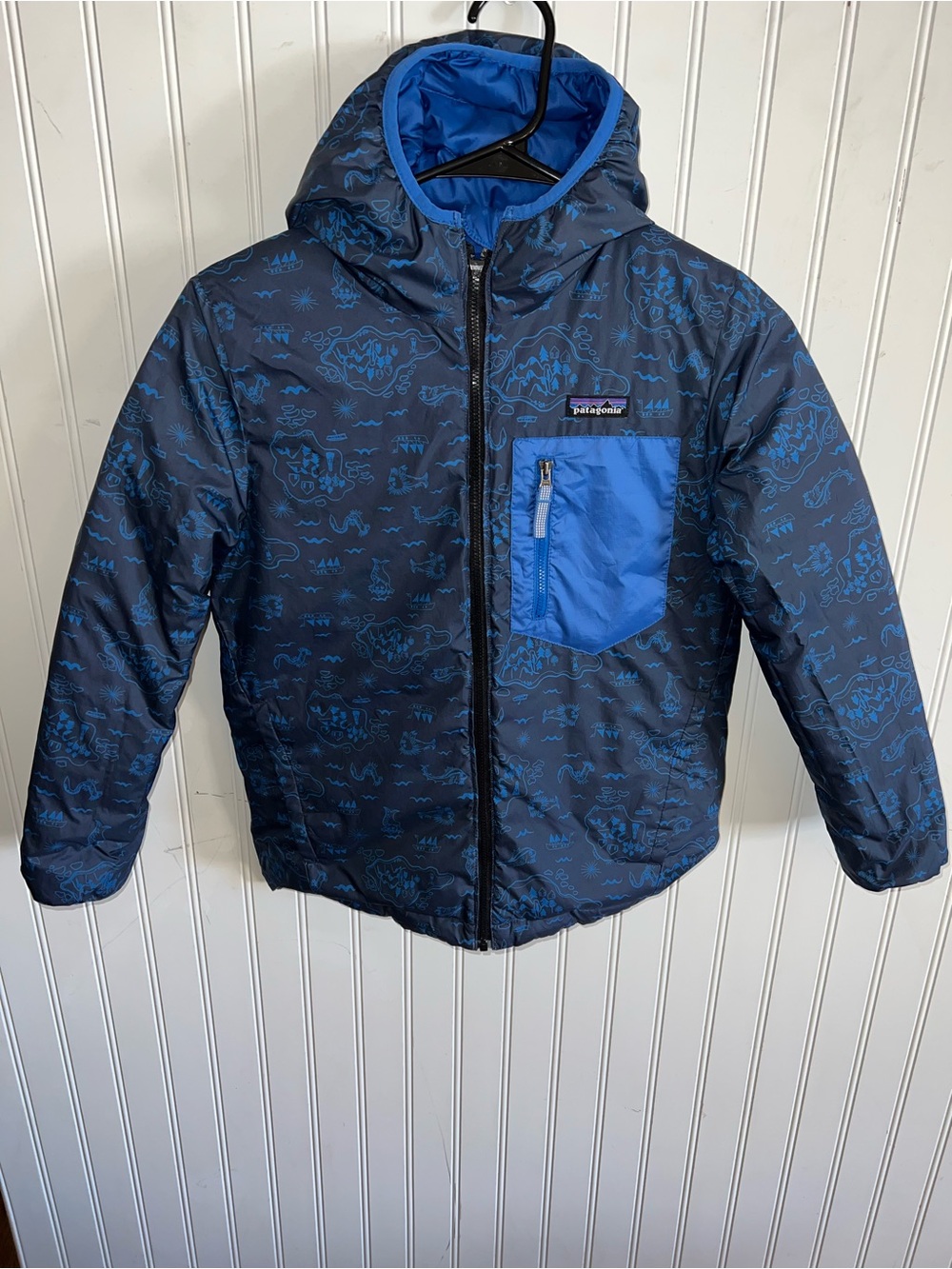 Patagonia Jacket Boys Blue Reversible Down Sweater Hoody Puffer Size M10